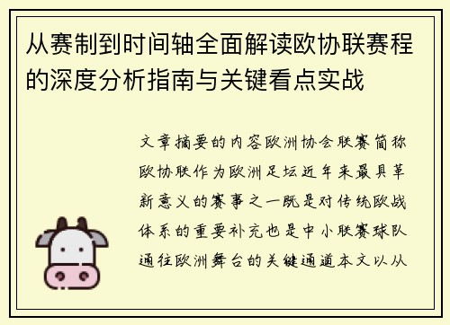 从赛制到时间轴全面解读欧协联赛程的深度分析指南与关键看点实战