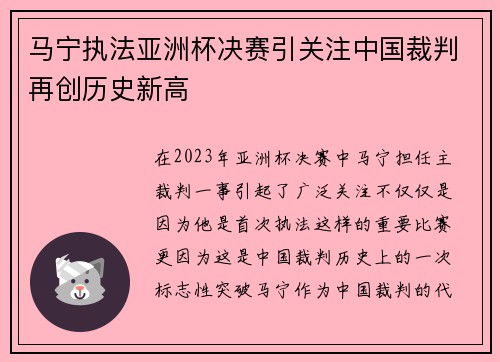 马宁执法亚洲杯决赛引关注中国裁判再创历史新高